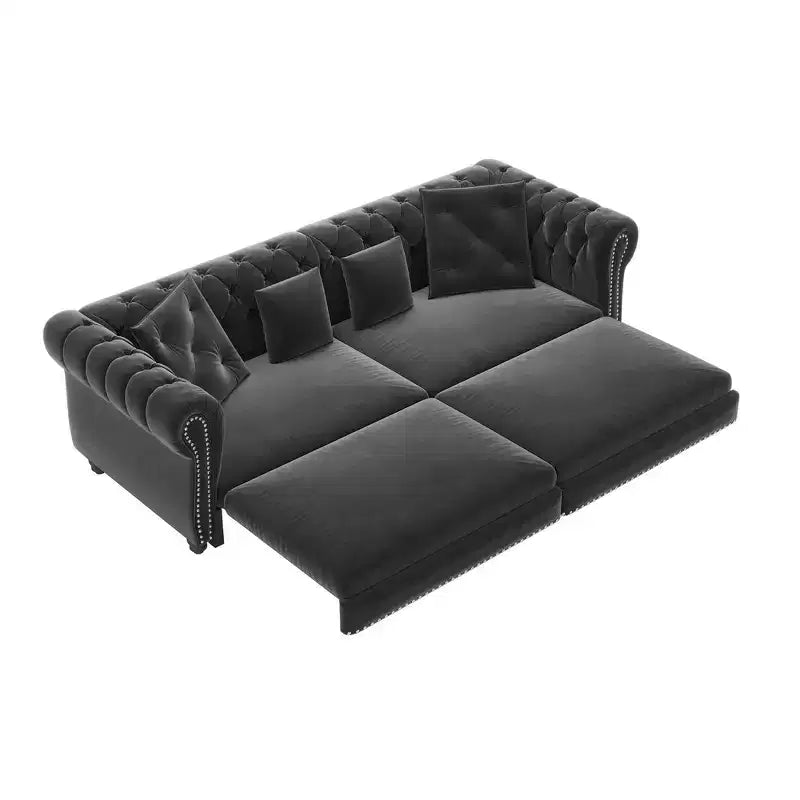 Canapé-lit convertible 3-en-1 Whisen en velours, format king size, avec pouf mobile, design capitonné