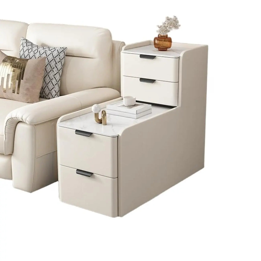 Hoher Sofa-Beistelltisch in L-Form aus Holz mit Steinplatte und 4 Schubladen