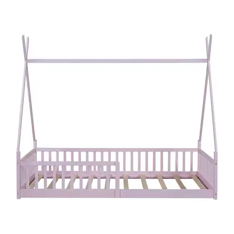 Vloerbed voor kinderen, tentbedden in eenpersoonsformaat, Montessori-vloerbed met latten en hekwerk, houten huisbedframe voor jongens en meisjes