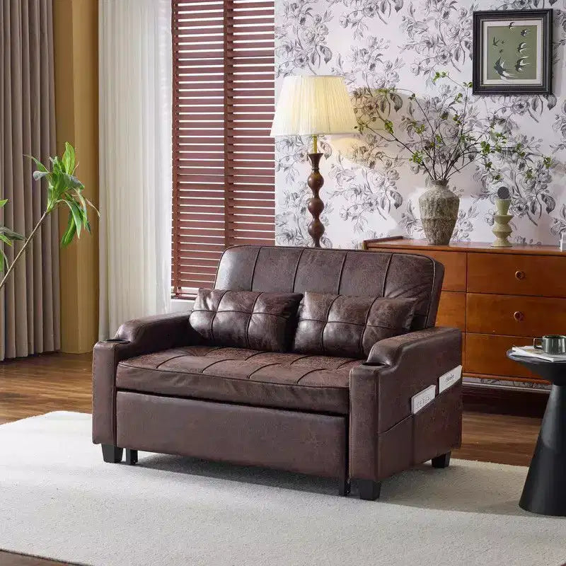 Gepolsterte, umwandelbare Schlafcouch mit Relaxfunktion aus Cat's-Claw-Leder, Kissen inklusive, für kleine Räume