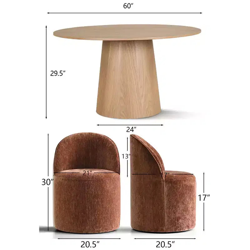 Moderne eethoek voor 6 personen, ronde eettafel met centrale voet, draaibare kuipstoelen op wieltjes, chenillestof met structuur - Panipeachy