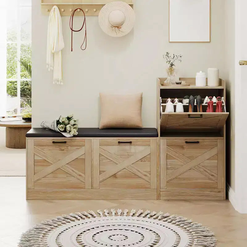 Schuhschrank im Landhausstil, Flurbank aus Holz mit 4 Klappschubladen, schmaler, versteckter Schuhorganizer, freistehendes Schuhregal für Flur und Eingangsbereich