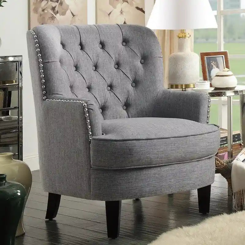 Moser Bay Mignon fluwelen/linnen fauteuil met knopen en hoge rugleuning, 30 breed