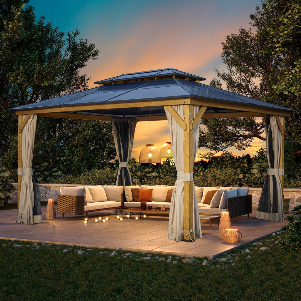 Gazebo EROMMY con tetto rigido, pergola da esterno con doppio tetto, rete e tende, copertura robusta per patio, giardino e feste in piscina
