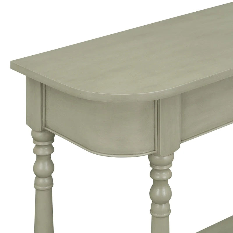 Schmaler Konsolentisch im Retro-Stil mit abgerundeten Ecken, oberer Schublade und offenem Regal