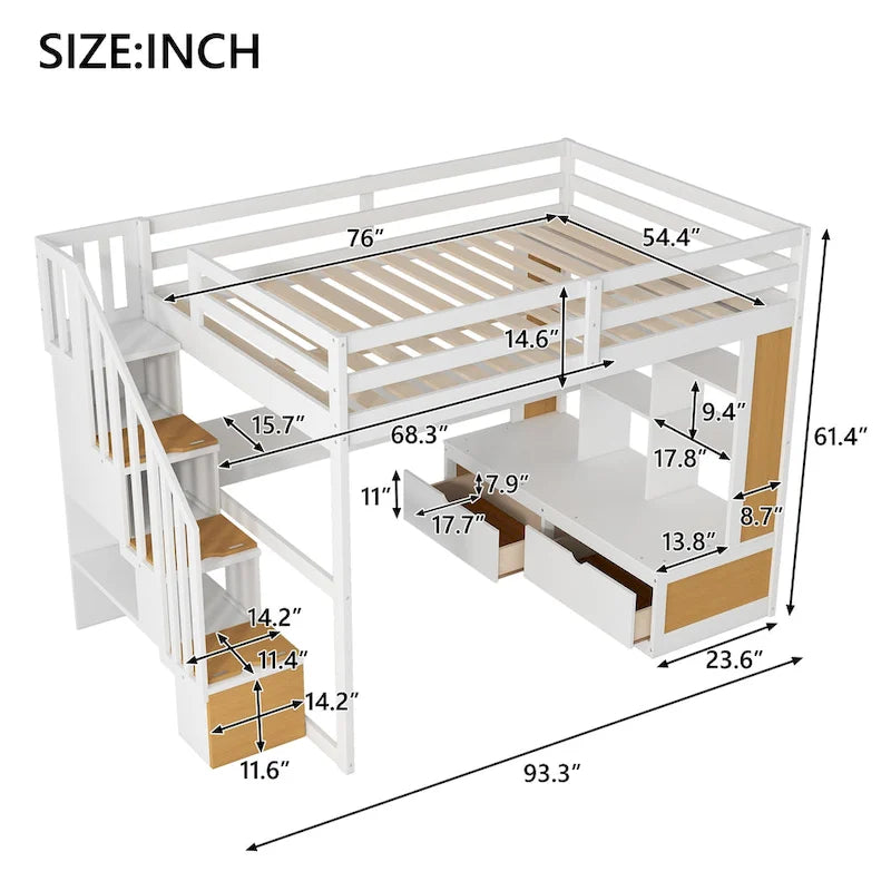 Letto a soppalco in legno massello, naturale e bianco, per letto matrimoniale piccolo, con scrivania e cassetti