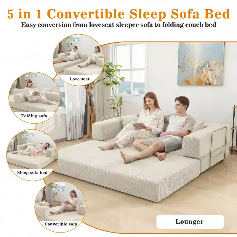 Dyonery canapé-lit pliant 78 en velours côtelé, convertible en lit, format king size, couchage au sol, canapé modulable 4-en-1 à combiner soi-même, confortable et dépliable.