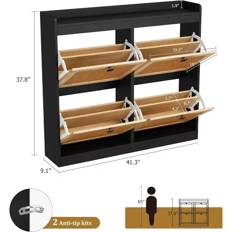 Meuble à chaussures en rotin avec 4 abattants, rangement à chaussures autoportant en bois avec étagères réglables, pour entrée, placard et couloir