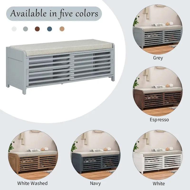Banc de rangement en bois massif de 43.30 pouces avec persiennes vieillies contemporaines