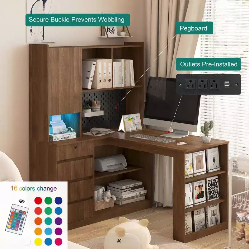 Hoekbureau van 46 inch in L-vorm met boekenplank en lades