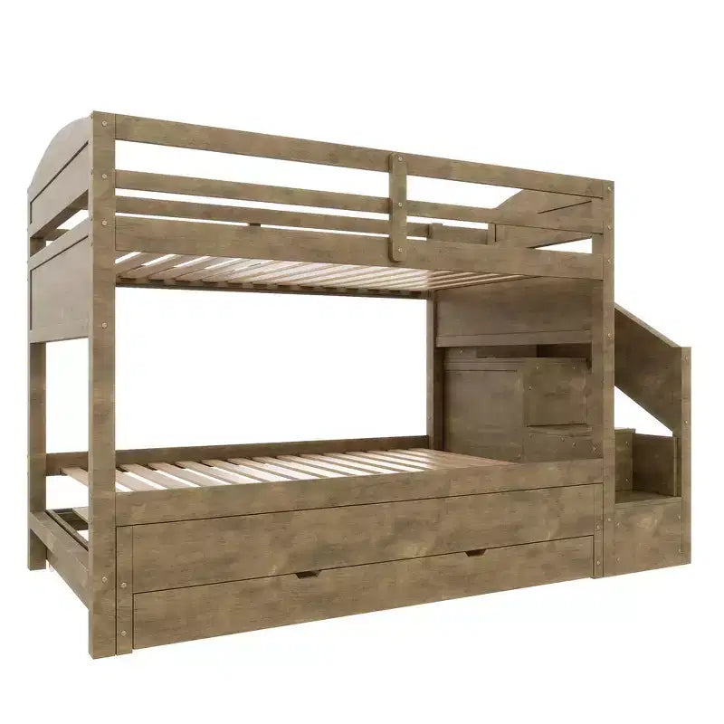 Struttura letto a castello singolo Whisen XL con letto estraibile, letto a castello con contenitore, legno massello, scala contenitore, armadio, 3 cassetti, per bambini