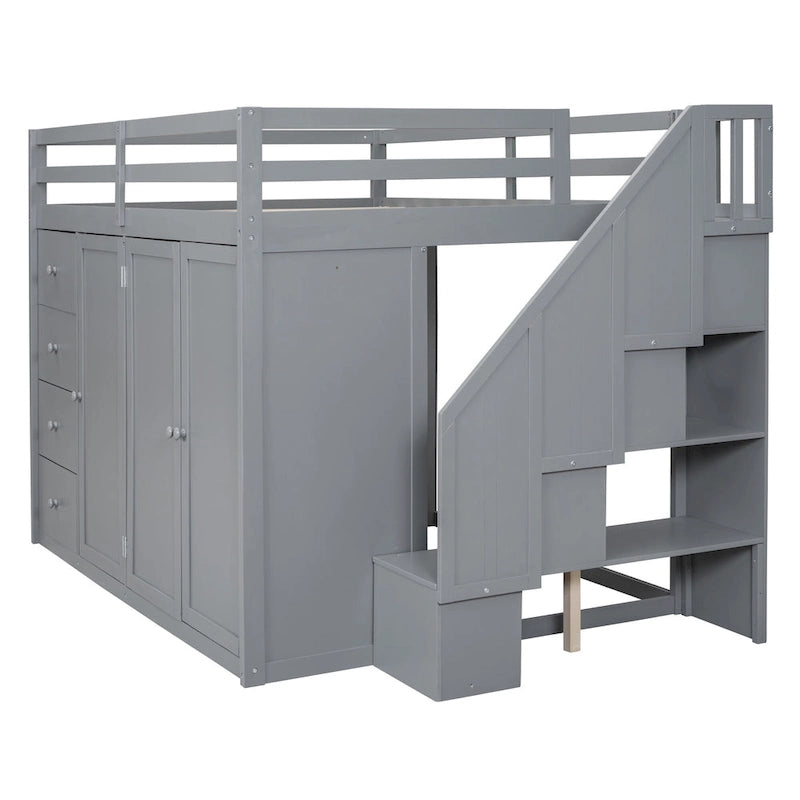 Lit mezzanine gris en bois, format double, avec penderies, tiroirs et escalier de rangement