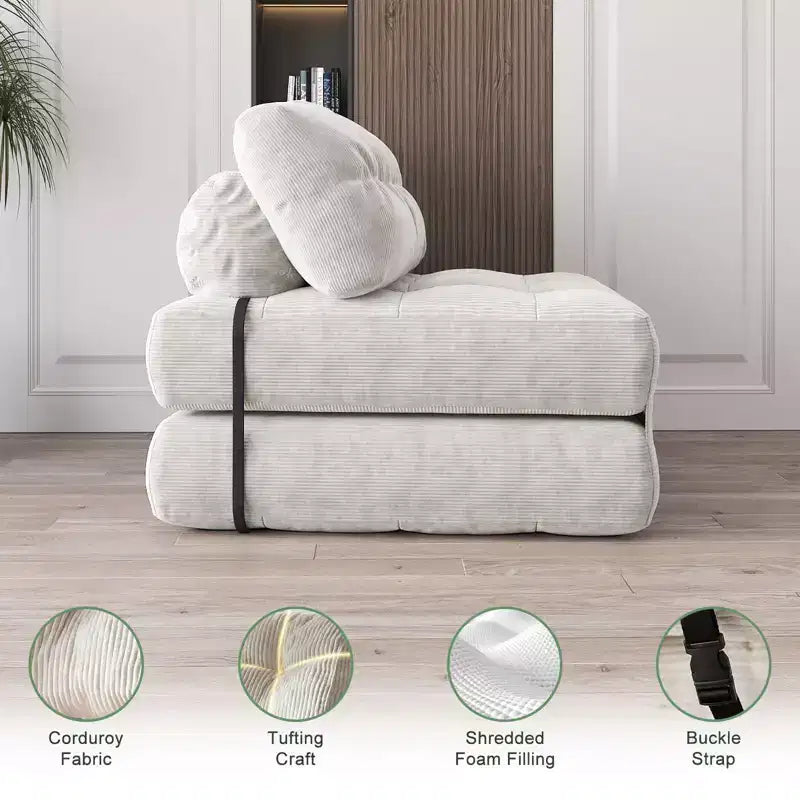 Futon pliant convertible en lit, format deux places, en velours côtelé, fauteuil-lit de sol avec coussin et soutien dorsal
