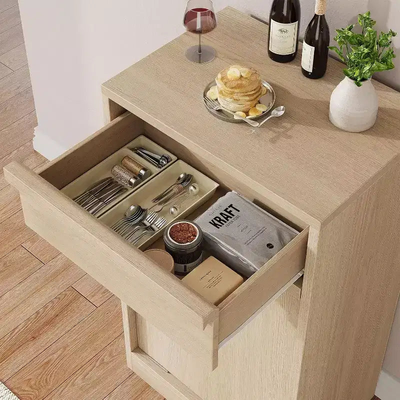 Pattumiera ribaltabile in rovere naturale, con vano contenitore e cassetto, mobile copripattumiera, cesto portabiancheria per cucina, sala da pranzo e soggiorno