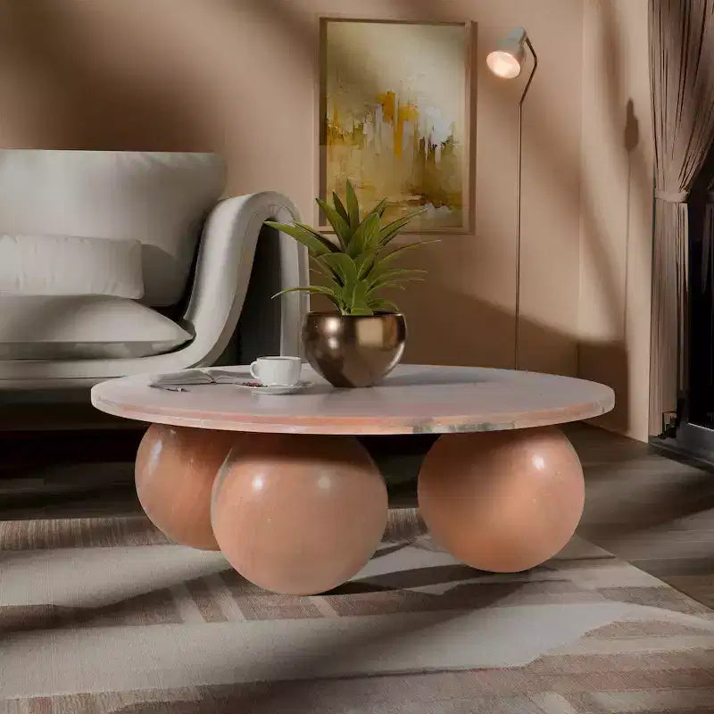 Table basse ronde en marbre avec pieds sphériques, multicolore, pour 4 personnes??