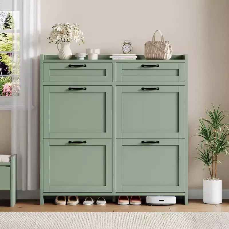 Schoenenkast met 4 klepdeuren en 2 bovenladen, houten schoenenkast met verstelbare plank, vrijstaand schoenenopbergmeubel