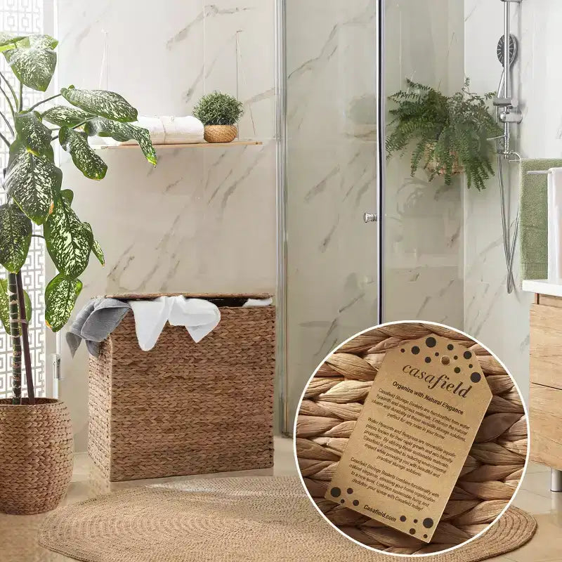 Panier à linge Casafield à 2 compartiments avec couvercle et sacs doublure amovibles, panier de tri tressé en jacinthe d’eau pour vêtements