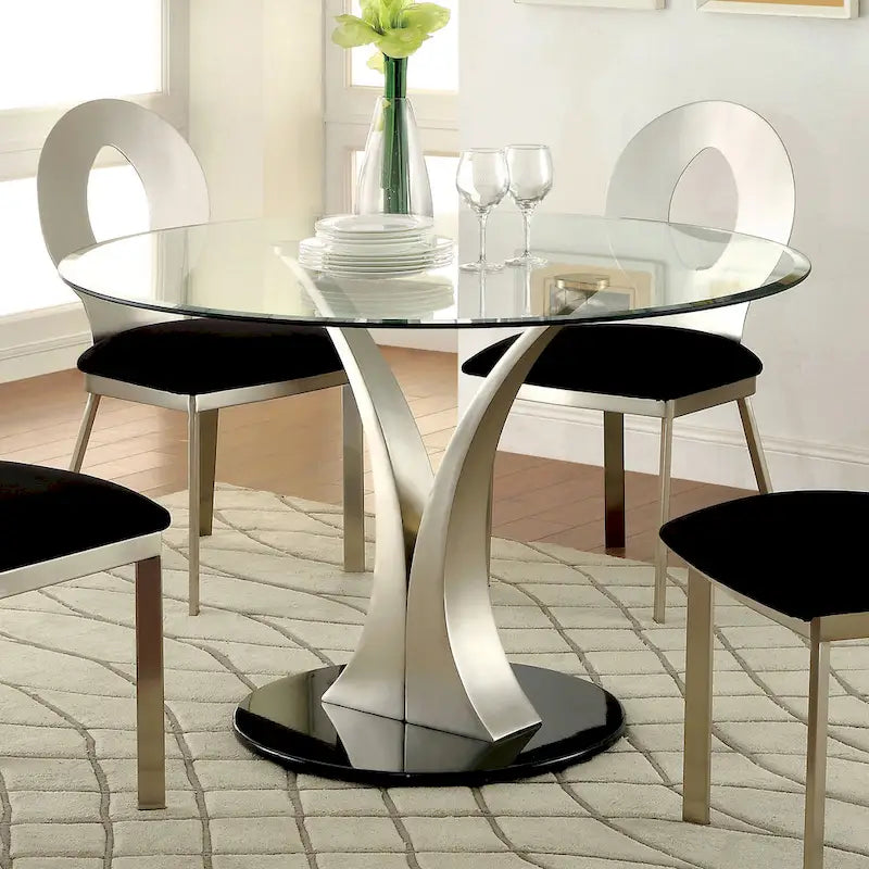 Zaia modernes rundes Esszimmer-Set aus silberfarbenem Stahl, 5-teilig, von Furniture of America