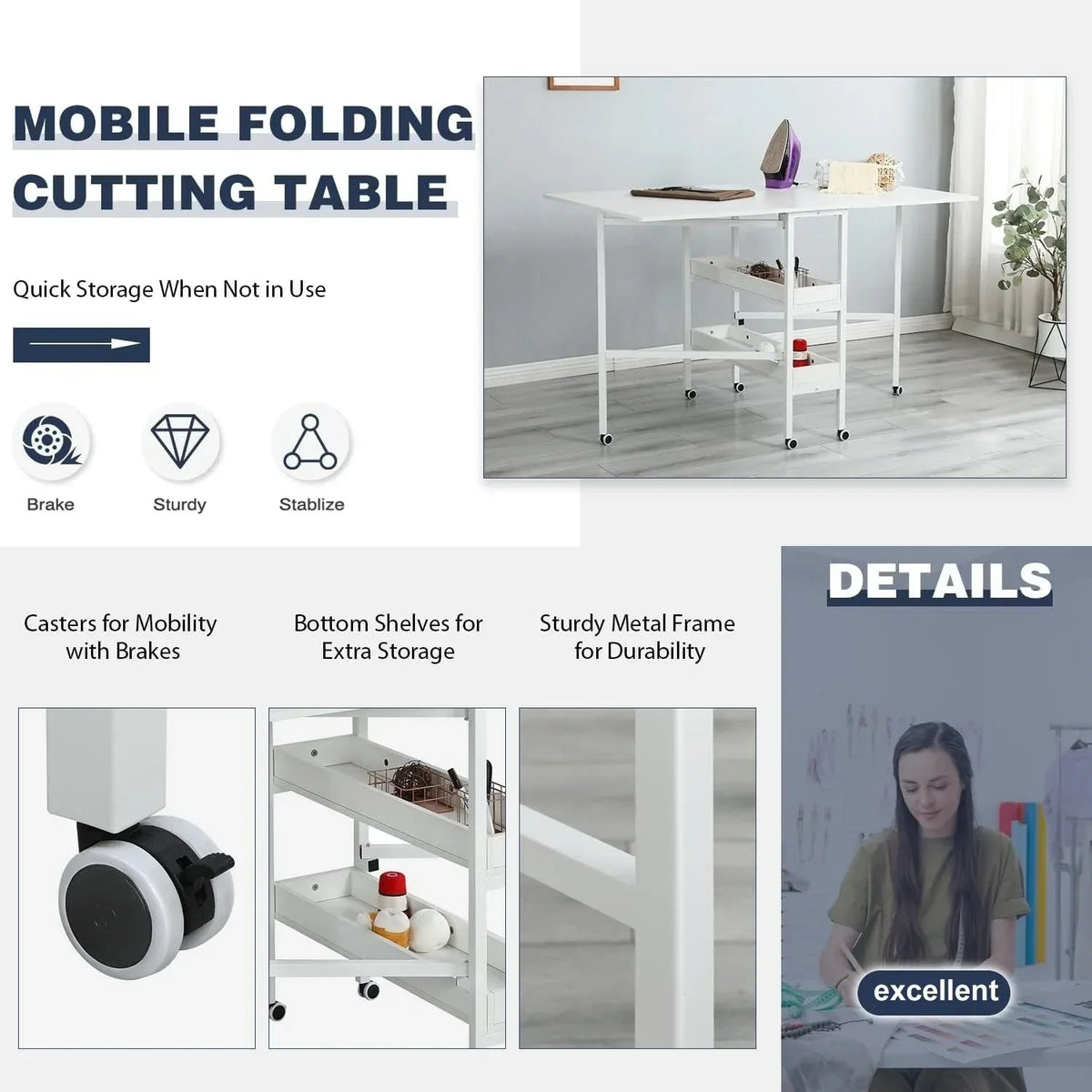 Table d’activités réglable en hauteur avec étagères de rangement, table de découpe pliante et mobile pour bureau à domicile, couture ou loisirs créatifs