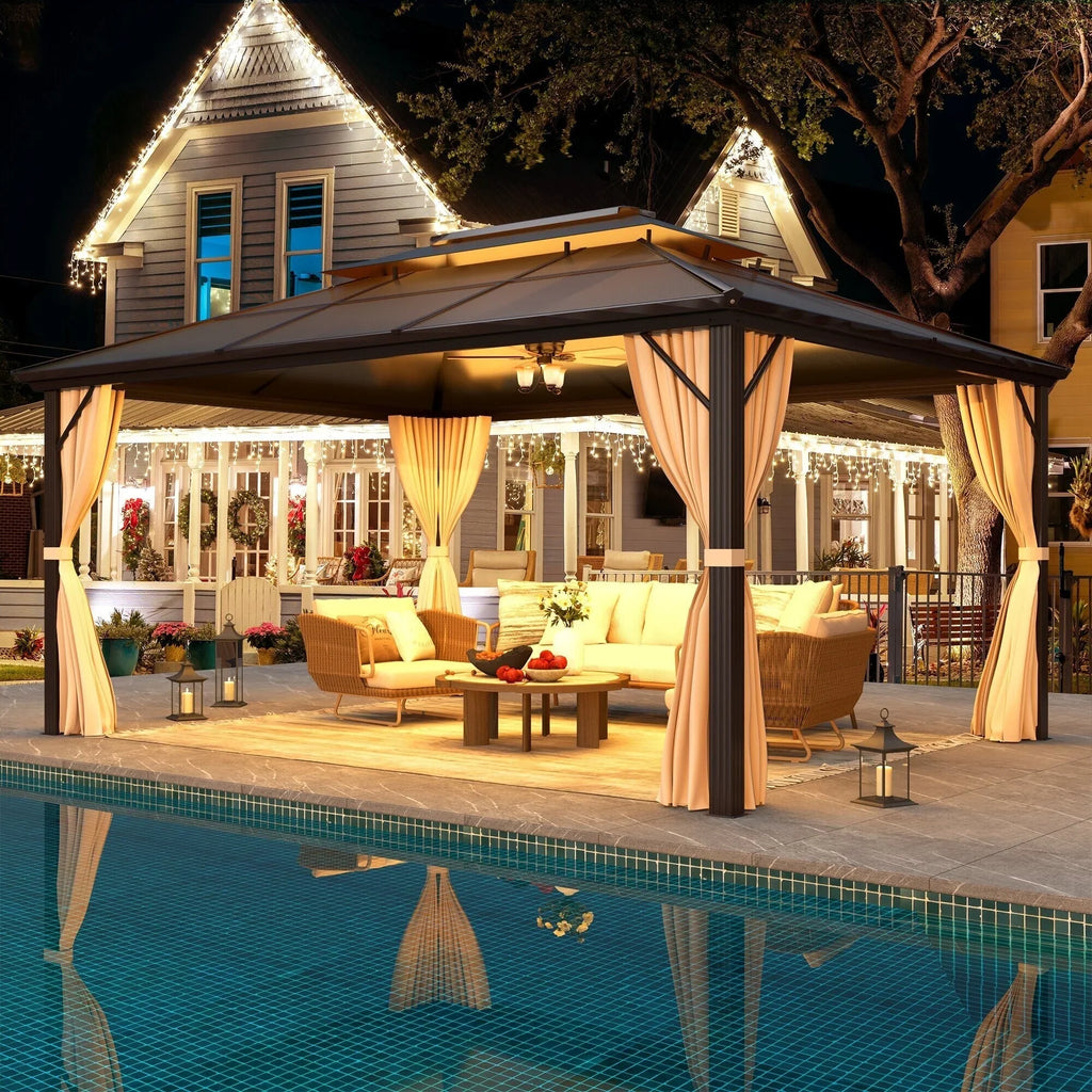 Gazebo EROMMY con tetto rigido, pergola da esterno con doppio tetto, rete e tende, copertura robusta per patio, giardino e feste in piscina