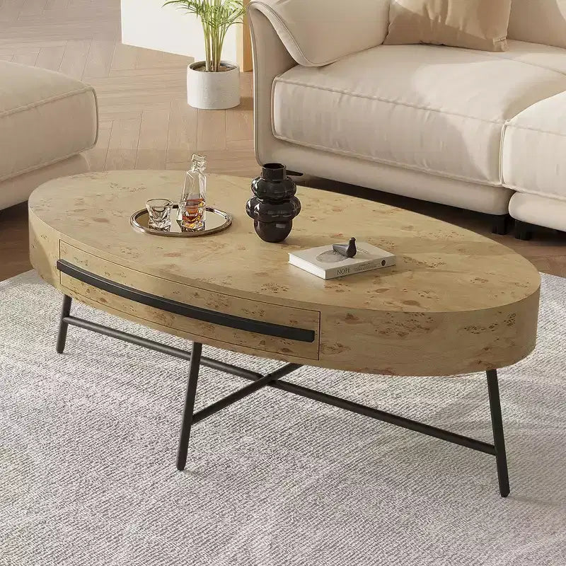 Ovaler Couchtisch mit Schublade, Mid-Century-Modern-Beistelltisch, 47.2, Couchtisch aus Holz mit Stauraum und gekreuzten Metallbeinen, geschwungenes Design