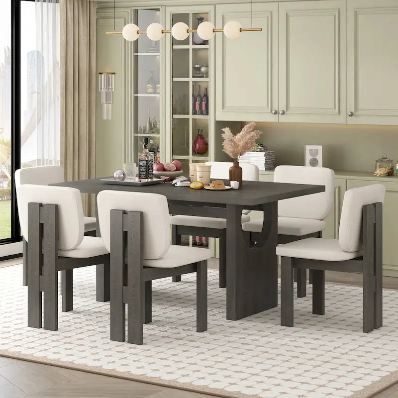 Set da pranzo da 7 pezzi, in legno massello, con tavolo rettangolare, base a cavalletto e 6 sedie imbottite