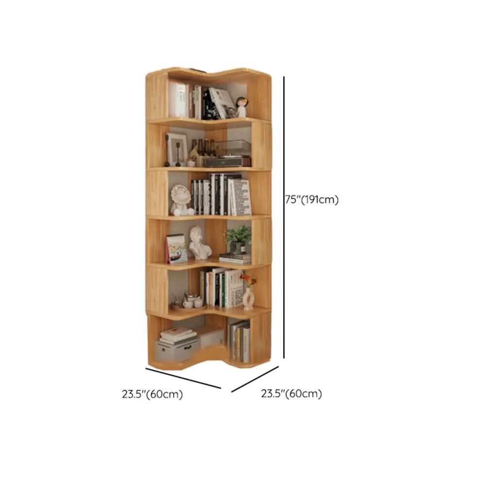 Bücherregal aus vertikalem Holz in L-Form mit offener Rückseite und natürlicher Oberfläche