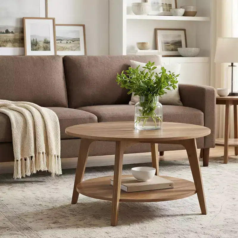 Runder Couchtisch in Honigbraun mit 2 Ablageebenen, Maße 31.5 x 17.7 Inches, ideal fürs Wohnzimmer