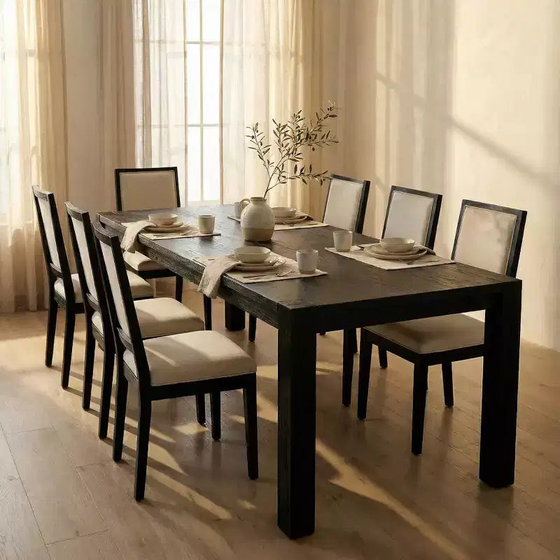 Moderne eetset - 80 tafel + 6 gestoffeerde stoelen, massief houten frame, tafelcapaciteit van 400 lbs, eenvoudig te monteren