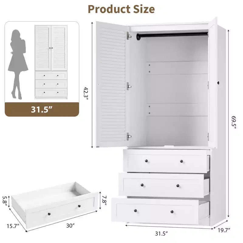 Armoire COZONY avec 3 tiroirs et 2 portes, armoire moderne en bois pour chambre, armoire blanche autoportante robuste