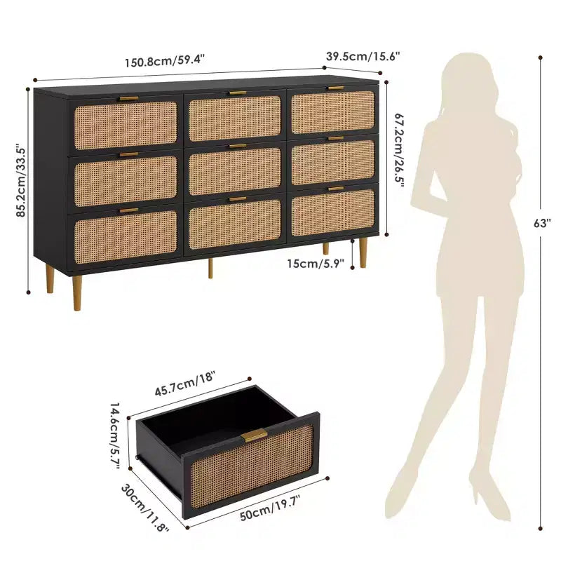 Rattan-Kommode für das Schlafzimmer, geräumige Schubladenschränke für den Kleiderschrank, geeignet für Wohnzimmer, Flur und Kinderzimmer.