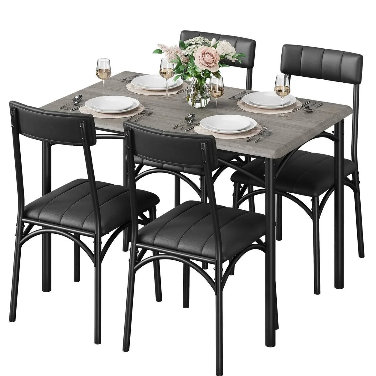Set da pranzo con tavolo rettangolare per 4 persone e sedie imbottite