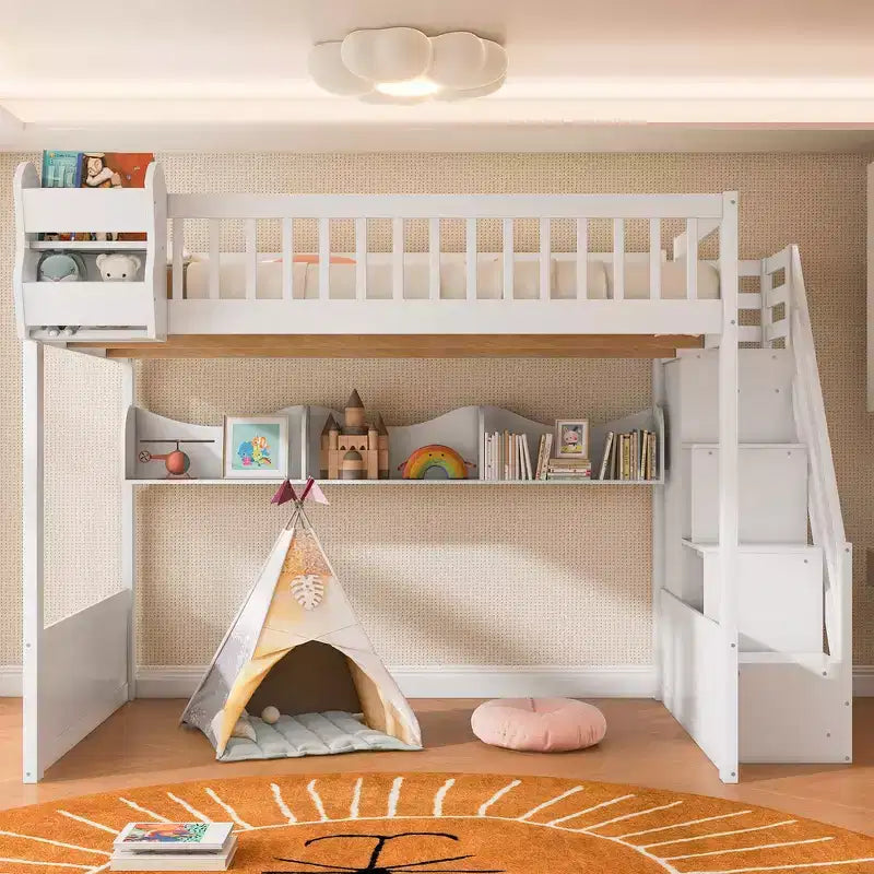 Queensize-Hochbett mit Treppe, Kleiderschrank und Ablagefächern - MDF, 650 lb