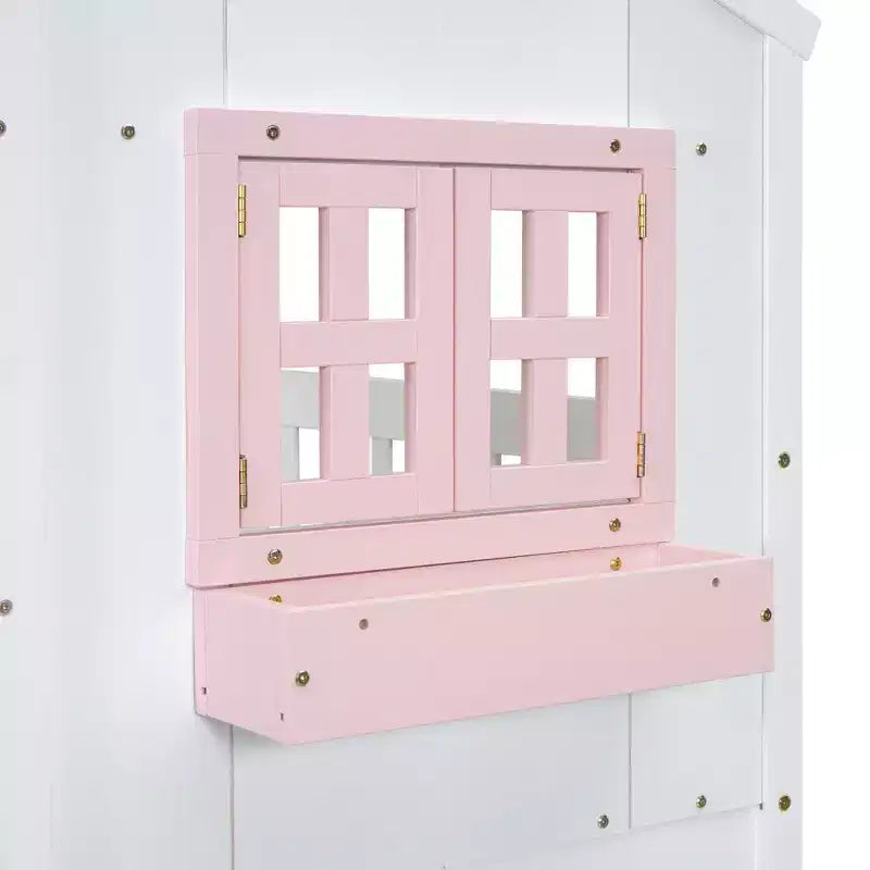 Letto a soppalco a forma di casetta per letto singolo, in legno, con scala e sponde di protezione per bambini