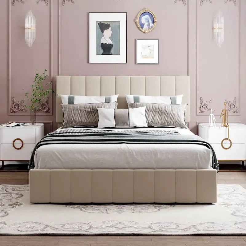 Polsterbett in Queen-Size mit hydraulischem Stauraumsystem - Beige