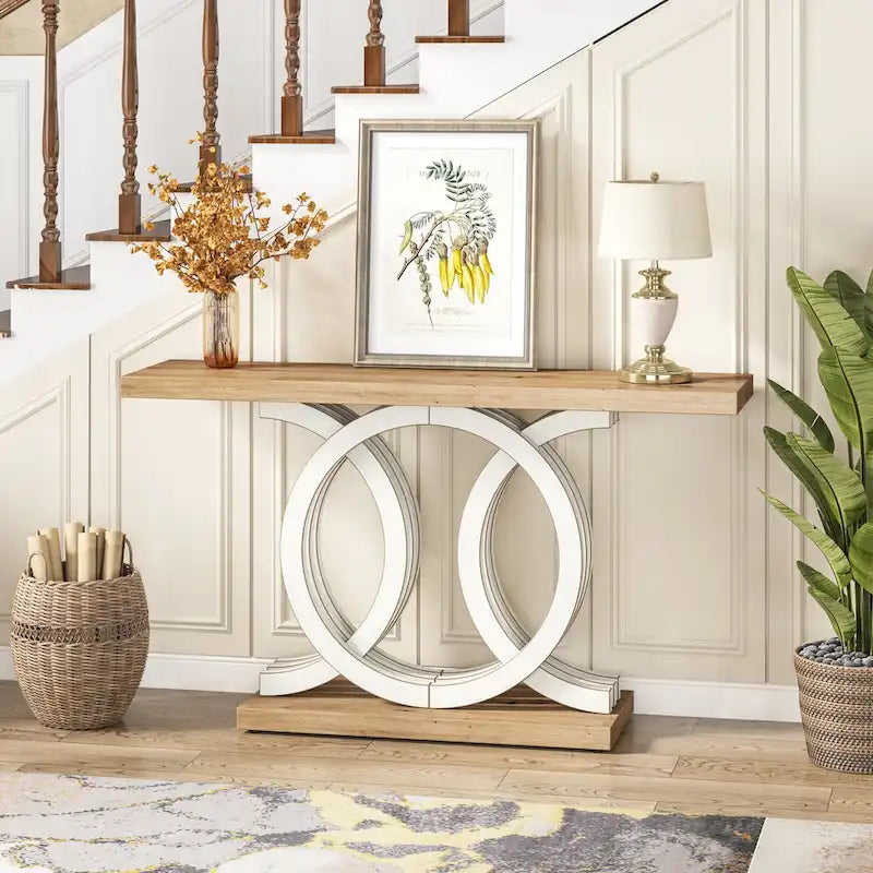 Table console vintage en bois pour couloir, avec piètement géométrique