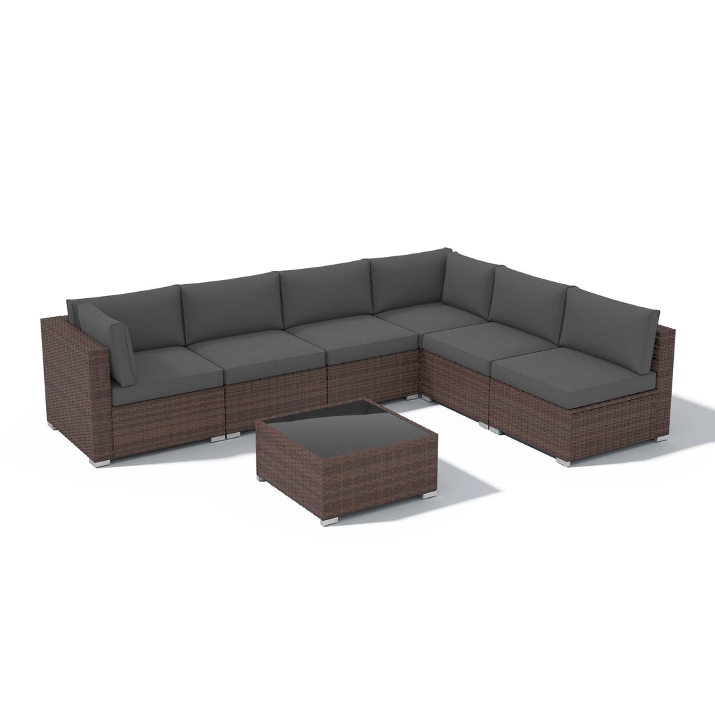 7-teiliges Outdoor-Ecksofaset aus Rattan und Stahl mit Kissen