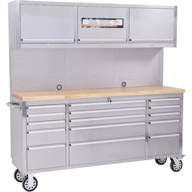 Coffre à outils de 72 pouces avec roulettes, établi de garage, plateau en bois d’hévéa massif et serrure à clé, armoire à outils mobile pour le rangement en atelier