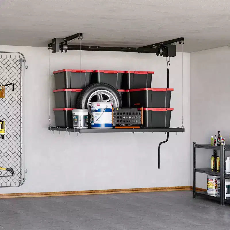 Support de rangement suspendu robuste et réglable pour garage, montage au plafond avec verrou de sécurité, capacité de 250 lb pour bacs, outils, vélos et articles de garage