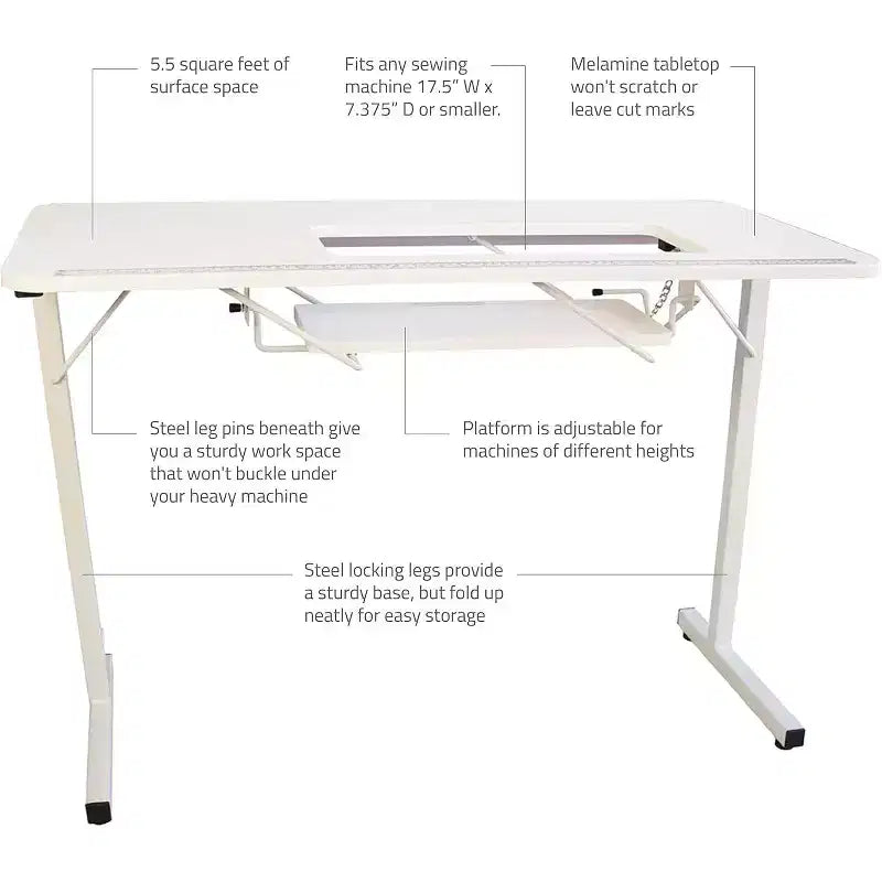 Table de couture pliante portable SewingRite SewStation 101 avec pieds en acier, blanche - idéale pour la maison, le bureau et les entreprises