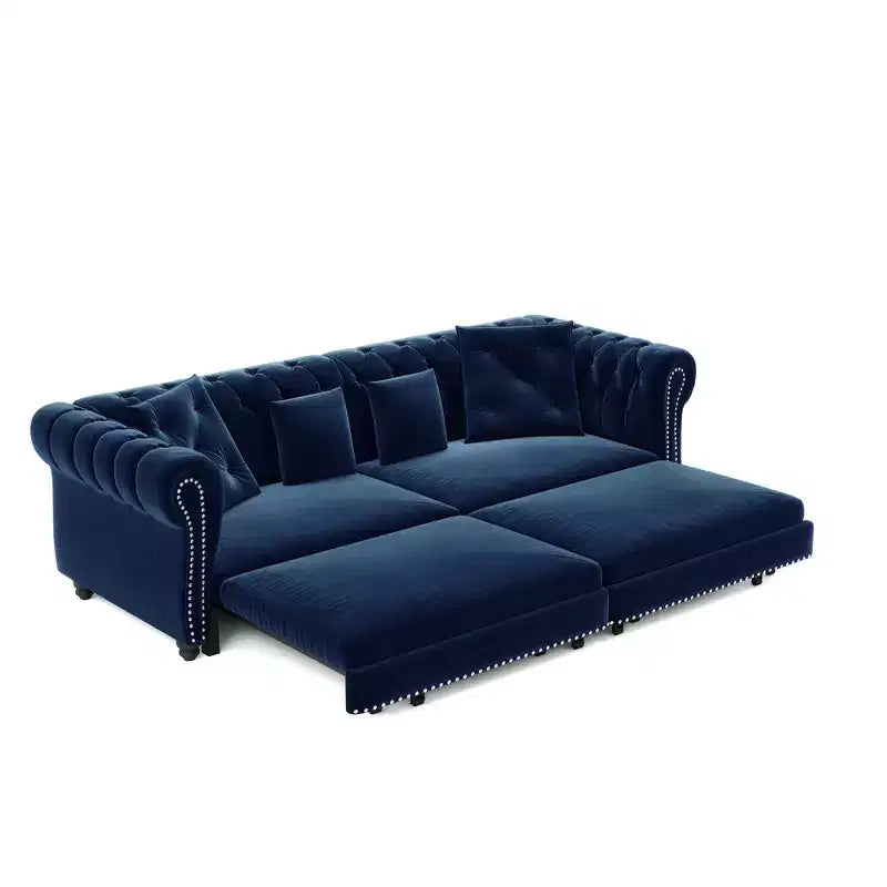 Canapé-lit convertible 3-en-1 Whisen en velours, format king size, avec pouf mobile, design capitonné