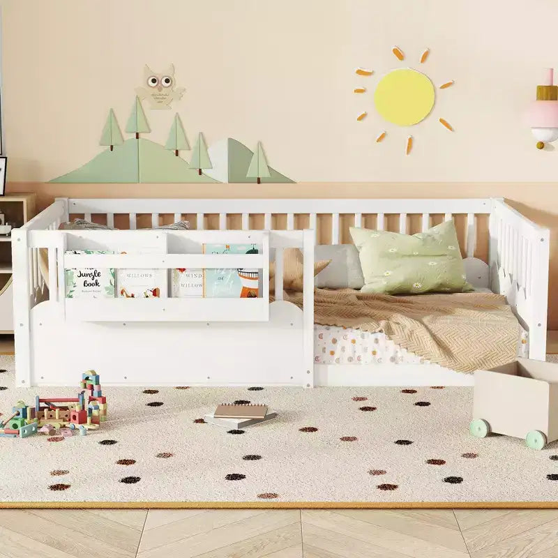 Bellemave-Kinderbodenbett mit erhöhtem Rausfallschutz und Bücherregal, hölzernes Montessori-Einzelbettgestell für Mädchen und Jungen