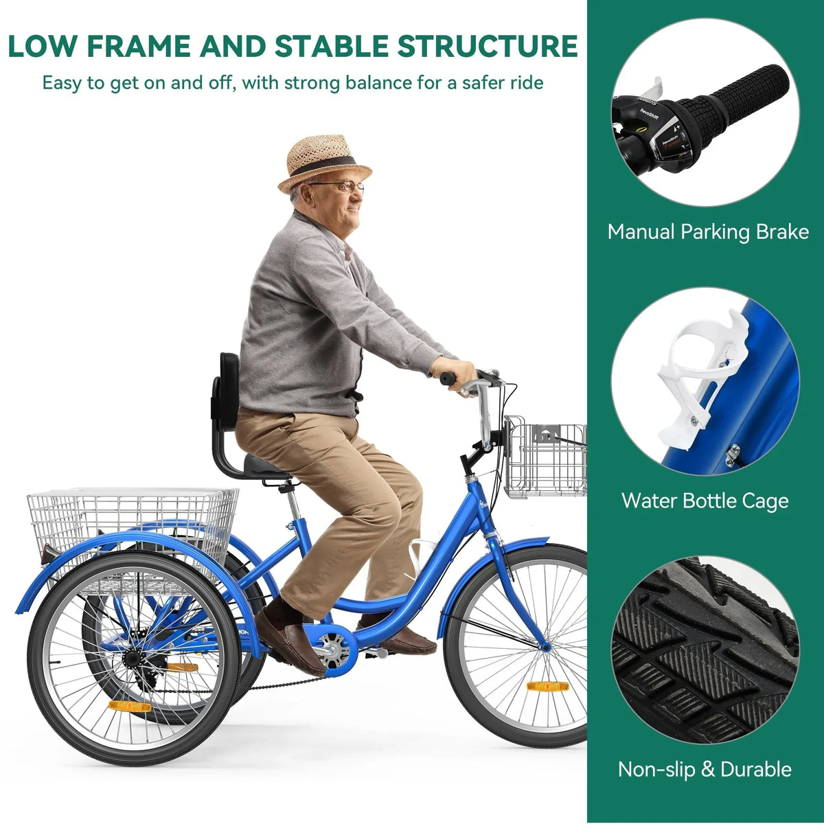 Tricycle pour adultes de 26 pouces, vélo à 3 roues, 7 vitesses