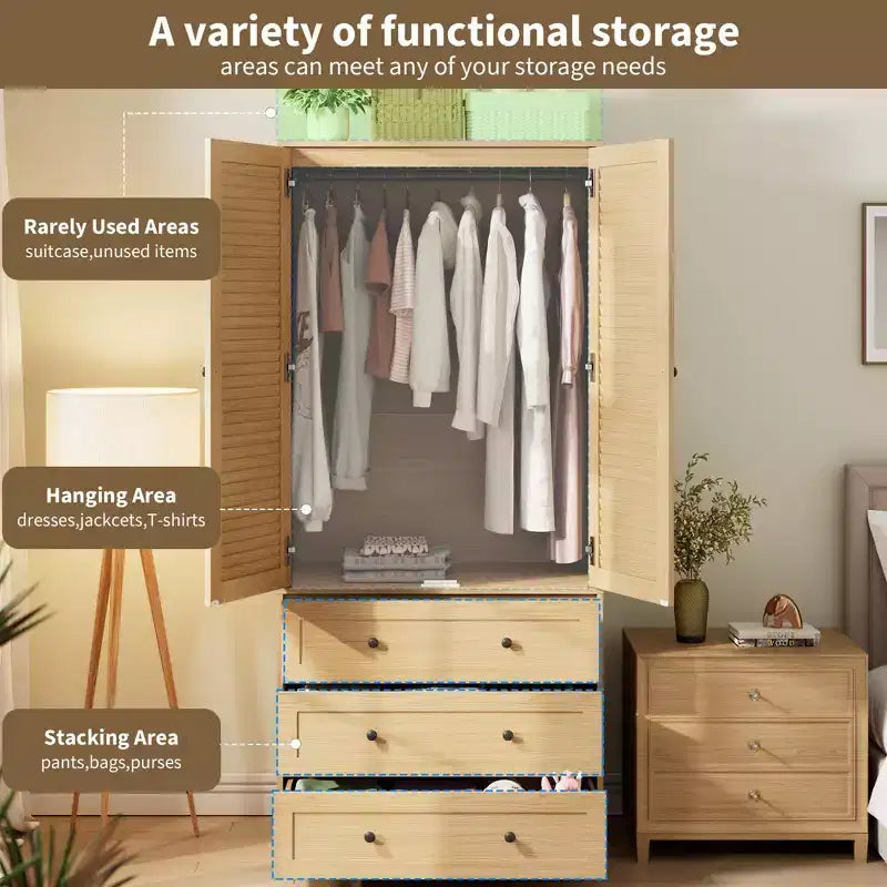 Armoire COZONY avec 3 tiroirs et 2 portes, armoire moderne en bois pour chambre, armoire blanche autoportante robuste