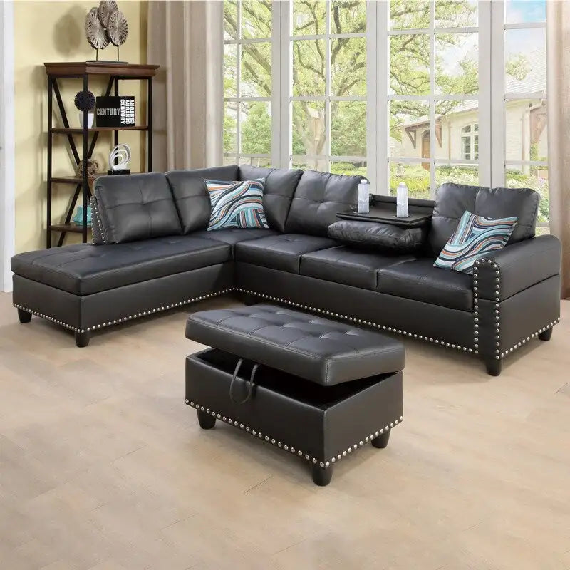 Set di divani moderno nero da 3 pezzi in similpelle e pelle sintetica: stile elegante per il soggiorno