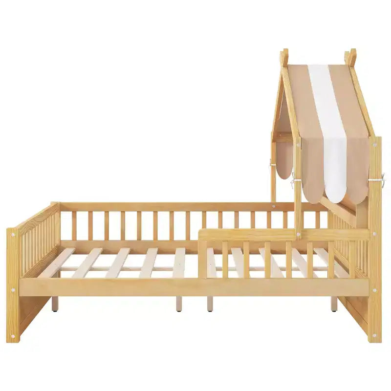 ModernLuxe houten huisbed in twin-/full-size met opbergvak in het hoofdbord, bedframe van massief grenenhout voor kinderen met veiligheidsleuningen