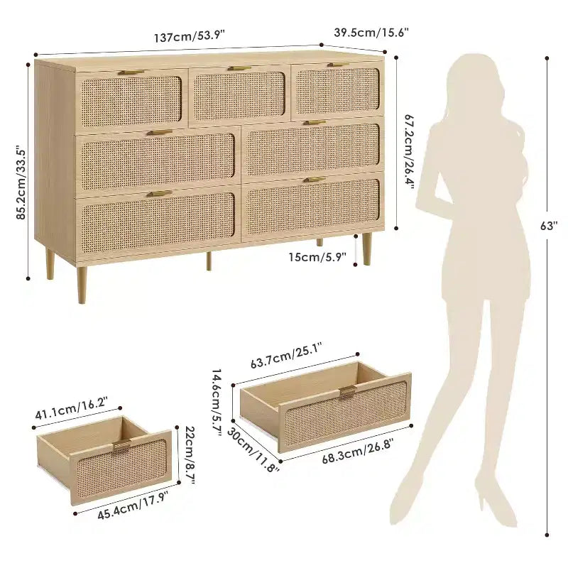 Commode en rotin à 7 tiroirs pour chambre, commode haute à tiroirs profonds, grand chiffonnier pour placard avec large plateau, commode en bois pour salon