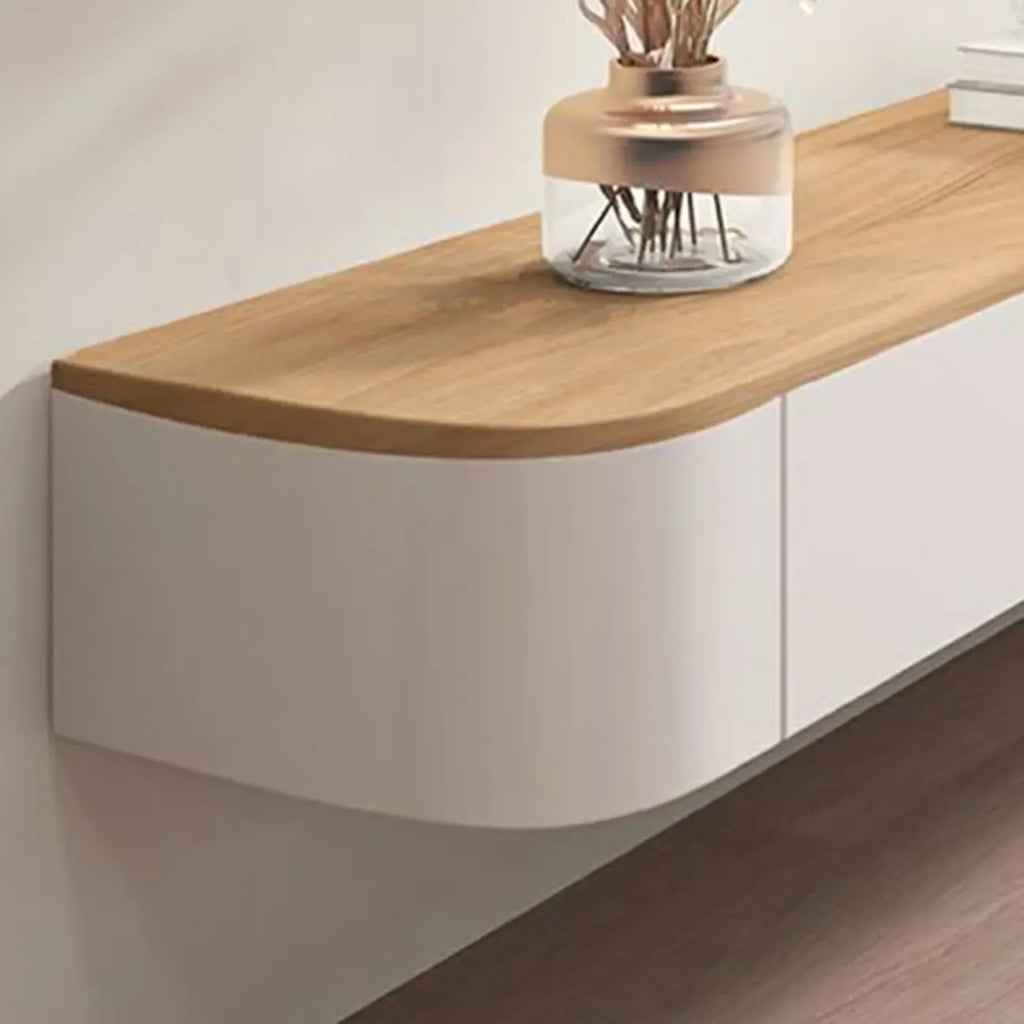 Meuble TV suspendu contemporain, long, en bois blanc, avec tiroirs