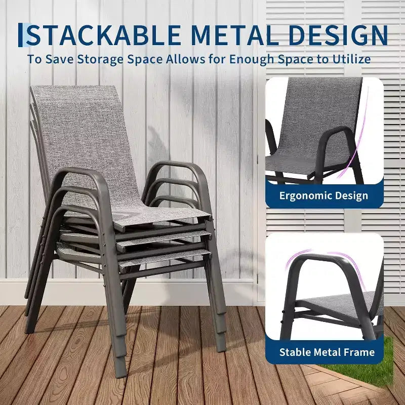Chaises de patio, lot de 4/6 chaises de repas d’extérieur empilables et légères en textilène, toutes saisons, avec accoudoirs, pour la cour et le bord de la piscine
