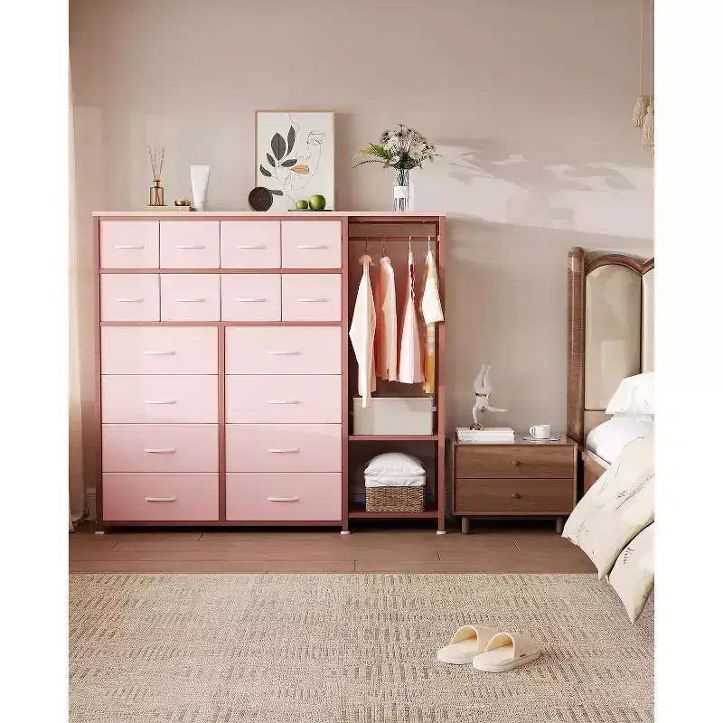 Commode avec 16 tiroirs, tringle de penderie et étagères, organisateur de rangement en tissu pour chambre, placard ou entrée